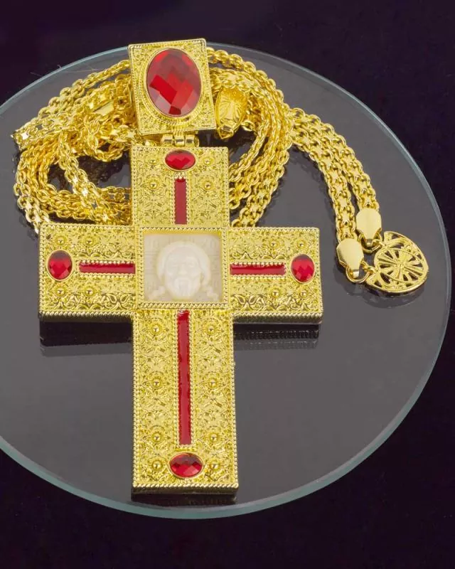 Bischofskreuz 135x80 mm vergoldet, mit Kette, im Etui